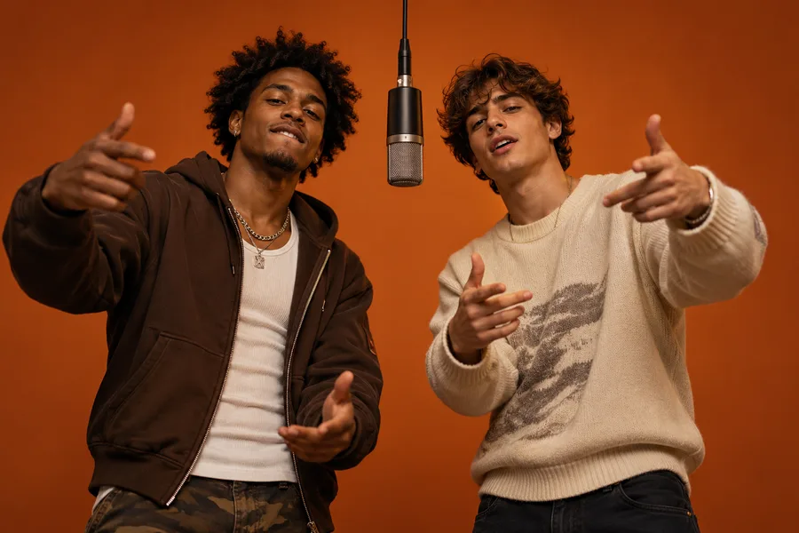 Concept image of two fictional performers in an orange studio